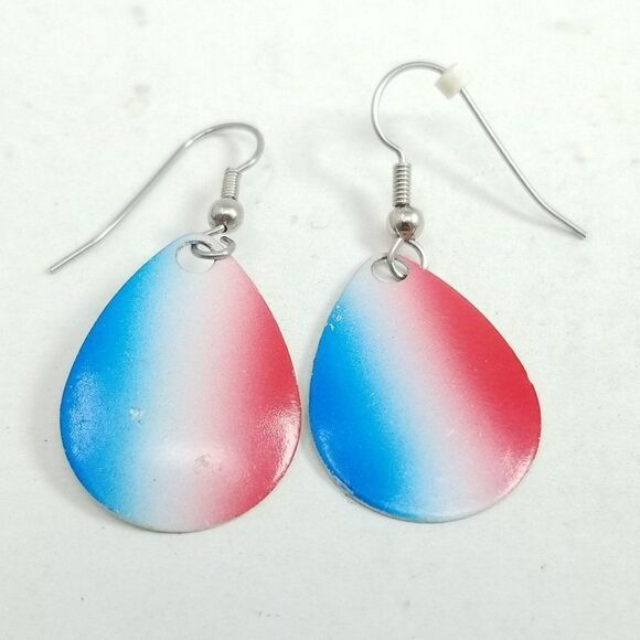Vintage Red White Blue Enamel Dangle Drop Shape Earrings, Patriotic USA - Picture 1 of 5